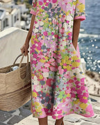 Women's Floral Print Midi Dress with Rolled Sleeves and Pockets