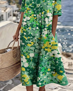 Women's Floral Print Midi Dress with Rolled Sleeves and Pockets