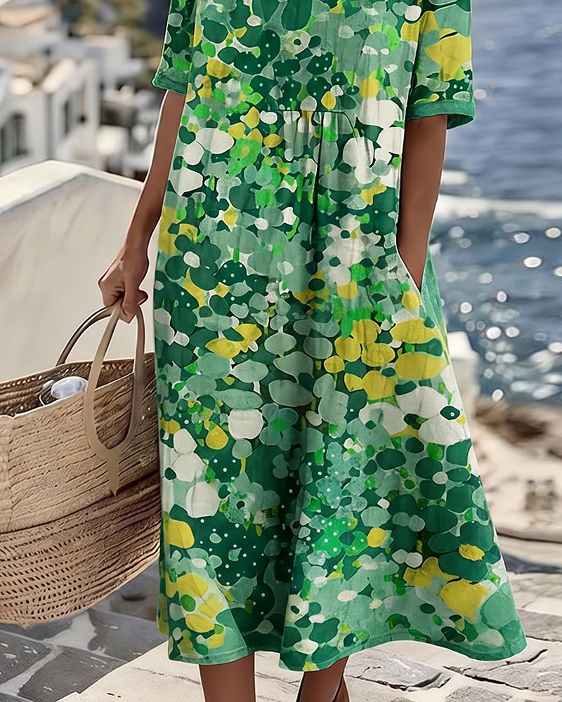 Women's Floral Print Midi Dress with Rolled Sleeves and Pockets