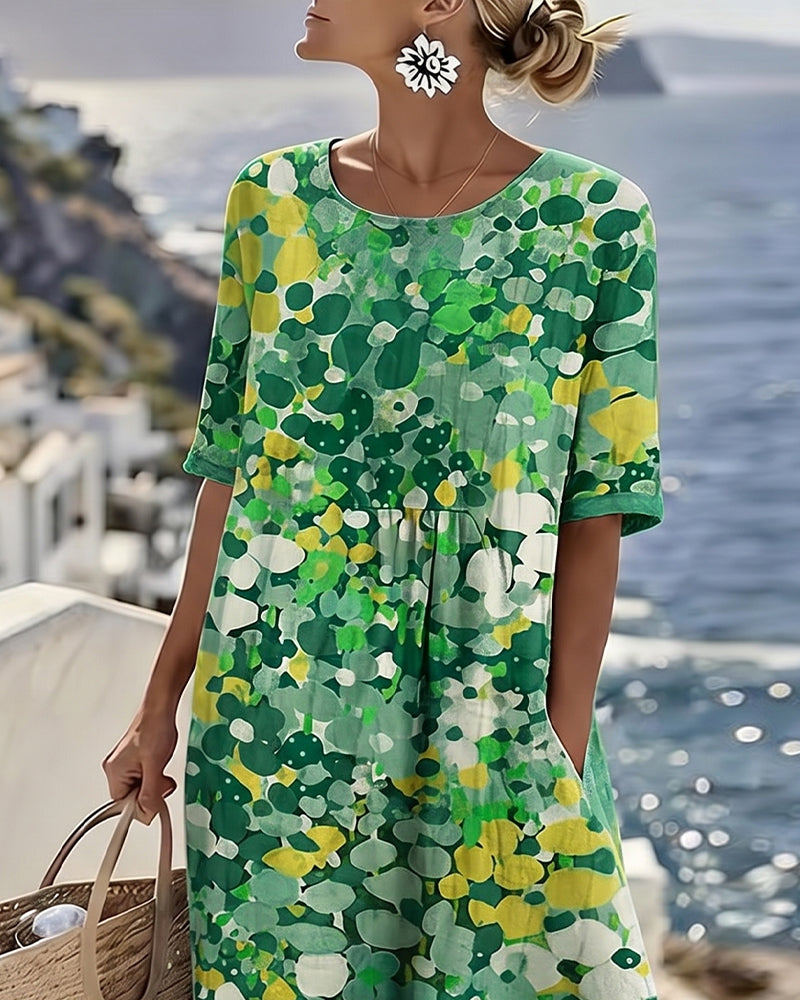 Women's Floral Print Midi Dress with Rolled Sleeves and Pockets
