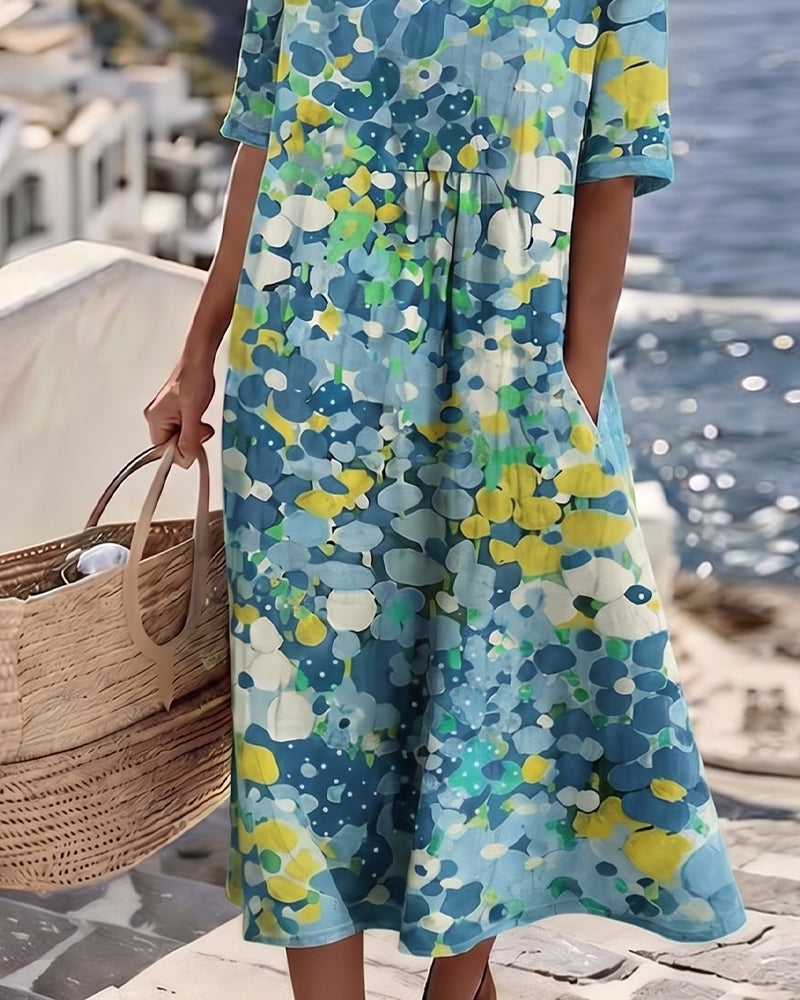 Women's Floral Print Midi Dress with Rolled Sleeves and Pockets