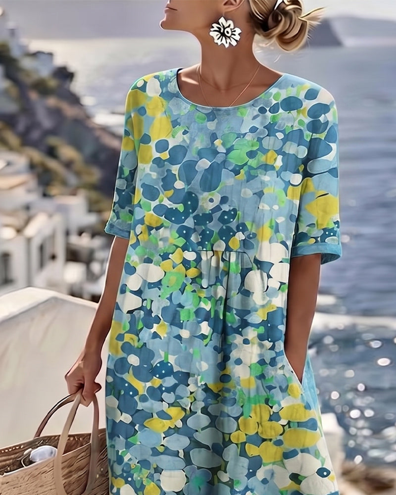 Women's Floral Print Midi Dress with Rolled Sleeves and Pockets