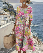 Women's Floral Print Midi Dress with Rolled Sleeves and Pockets