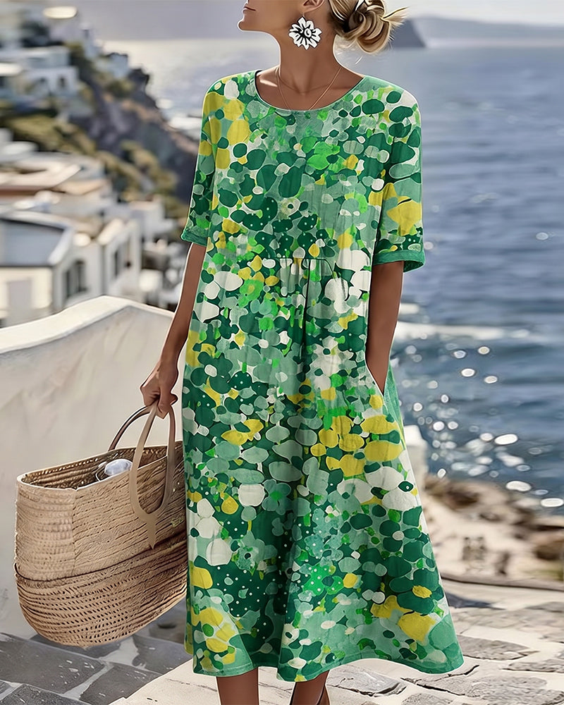 Women's Floral Print Midi Dress with Rolled Sleeves and Pockets