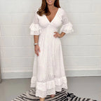 Robe midi broderie anglaise manches volants blanc pour femme