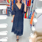 Robe midi broderie anglaise manches volants bleu pour femme