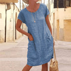Women's Short Sleeve Linen Midi Dress with Patch Pockets