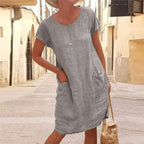 Women's Short Sleeve Linen Midi Dress with Patch Pockets