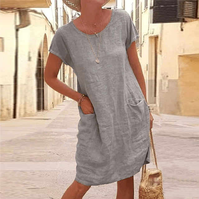 Women's Short Sleeve Linen Midi Dress with Patch Pockets
