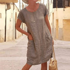 Women's Short Sleeve Linen Midi Dress with Patch Pockets