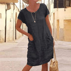Women's Short Sleeve Linen Midi Dress with Patch Pockets