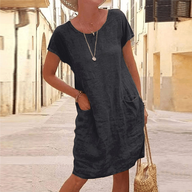 Women's Short Sleeve Linen Midi Dress with Patch Pockets