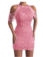 Robe courte moulante à sequins et chaînes épaules rose clair pour femme