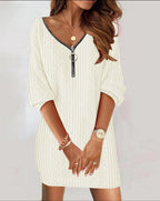 Robe tricot torsadée col V zippé crème pour femme
