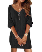 Robe tricot torsadée col V zippé noir pour femme