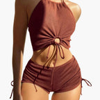Women's ribbed halter bikini set with ruched tie side bottoms, front view