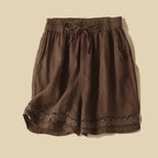 Back view of cotton shorts with drawstring waistband