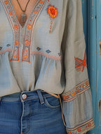 Back view of boho blouse displaying embroidery pattern across shoulders