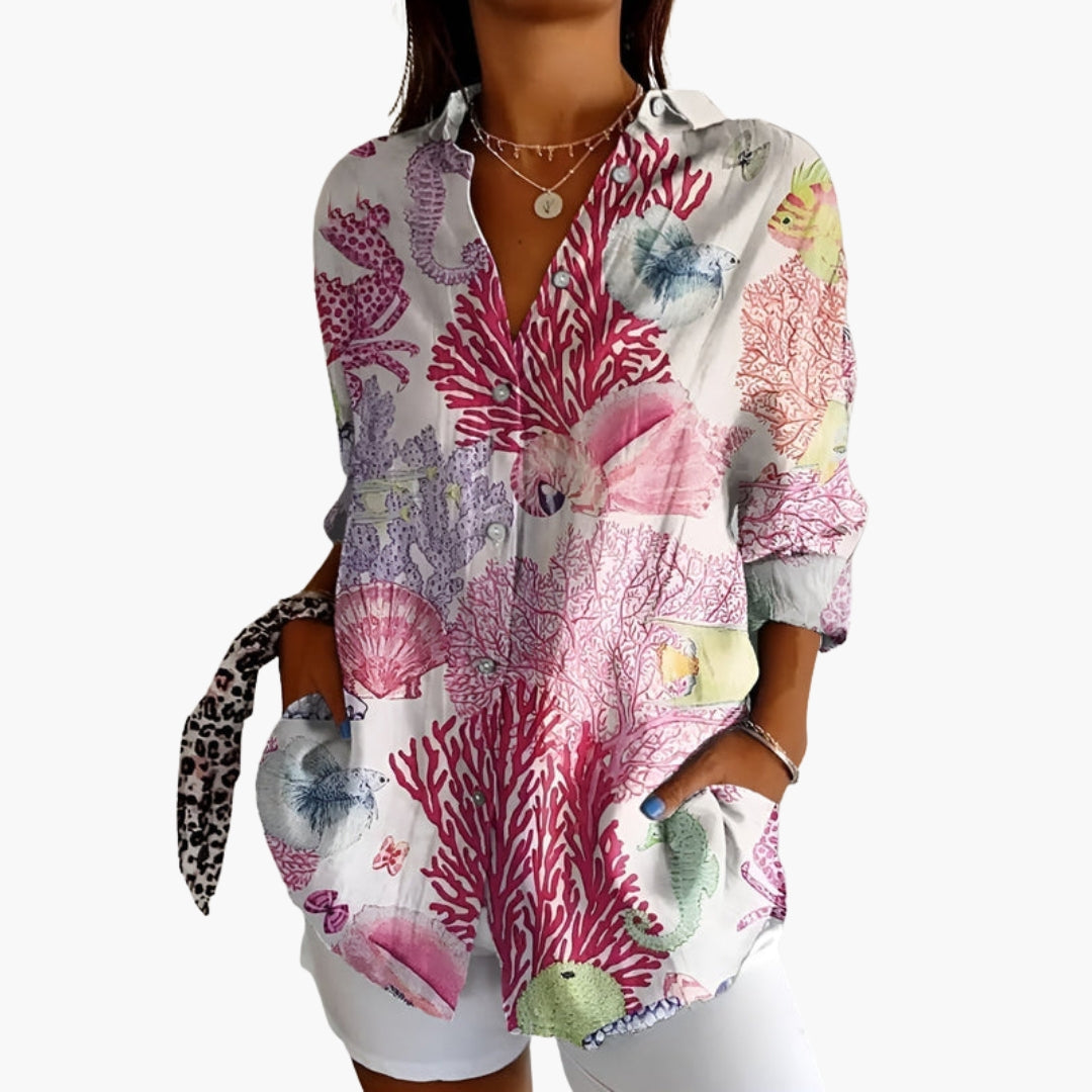Model from side angle showcasing shirt's curved hem and drape