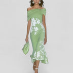 Sage green maxi dress with white floral print, off-shoulder neckline, front view