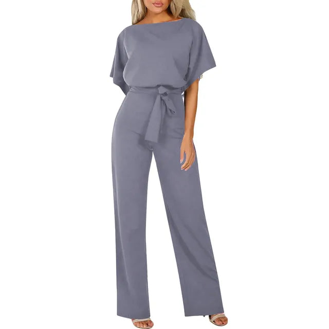 Rear view showing keyhole back detail on short sleeve jumpsuit