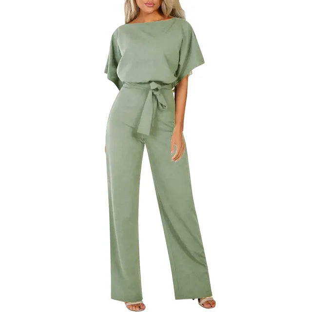 Women's sage green wide leg jumpsuit with short sleeves and belted waist, front view