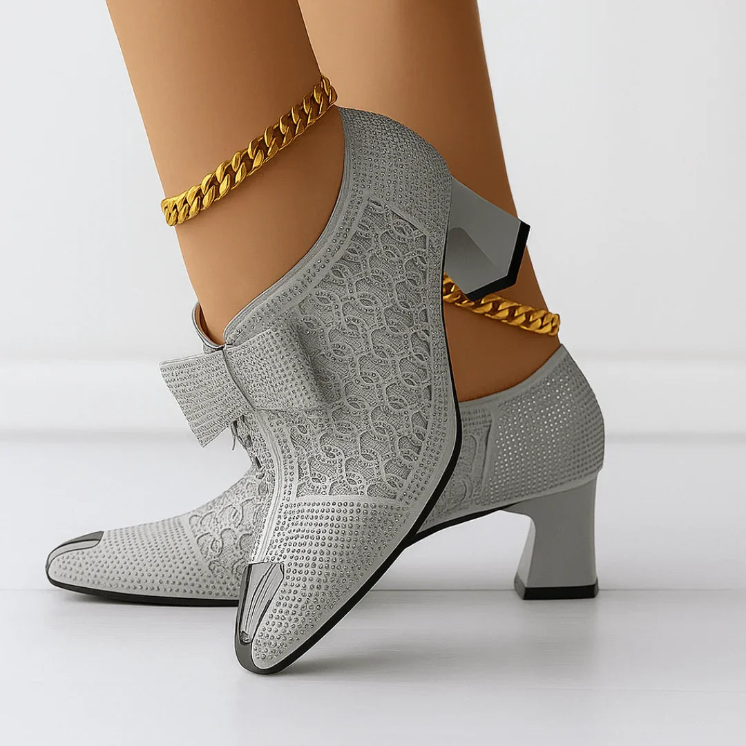 Heel paired with evening wear, full outfit shot