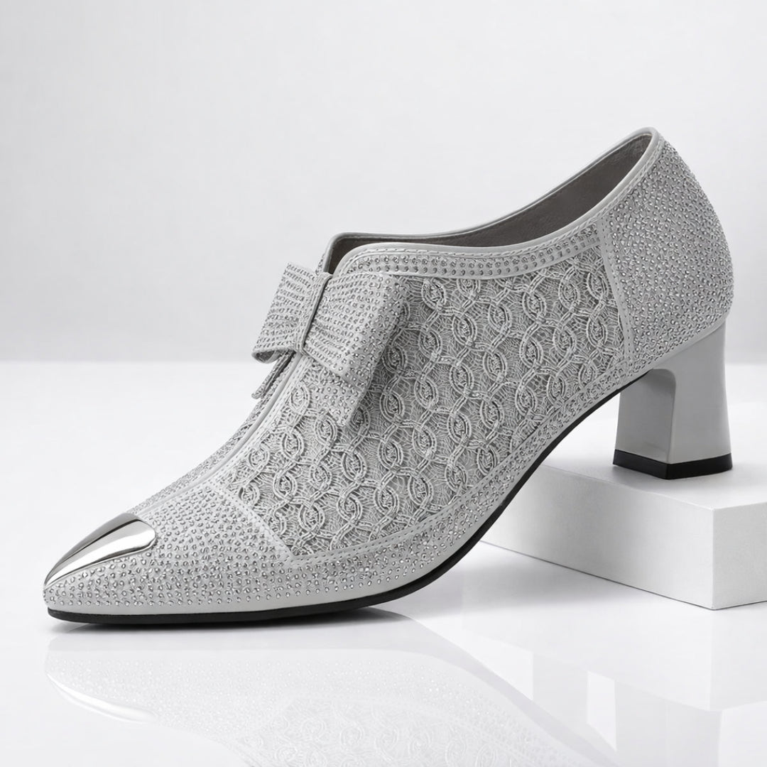 Women's rhinestone bow block heel shoes, front view