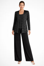 Back view of sequin jacket and wide leg trousers