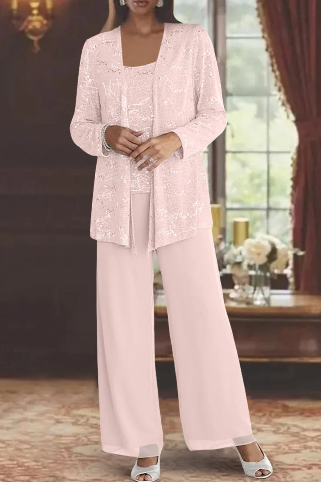 Alternative angle of complete three-piece suit ensemble