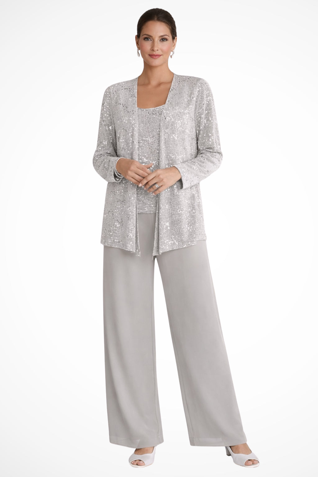 Women's sequin trouser suit with jacket displayed on mannequin, front view