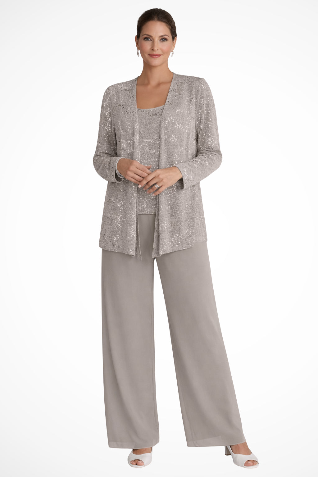 Three-quarter angle view of sequin jacket and suit