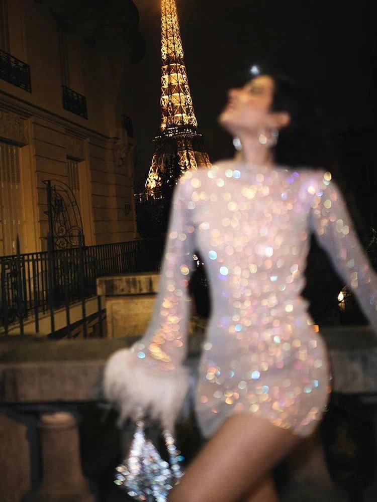 Detail shot of all-over sequin texture and iridescent effect