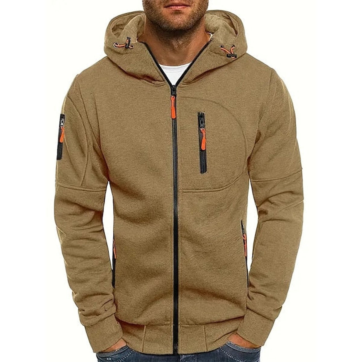 Sweat à capuche zippé détails contrastants kaki pour homme