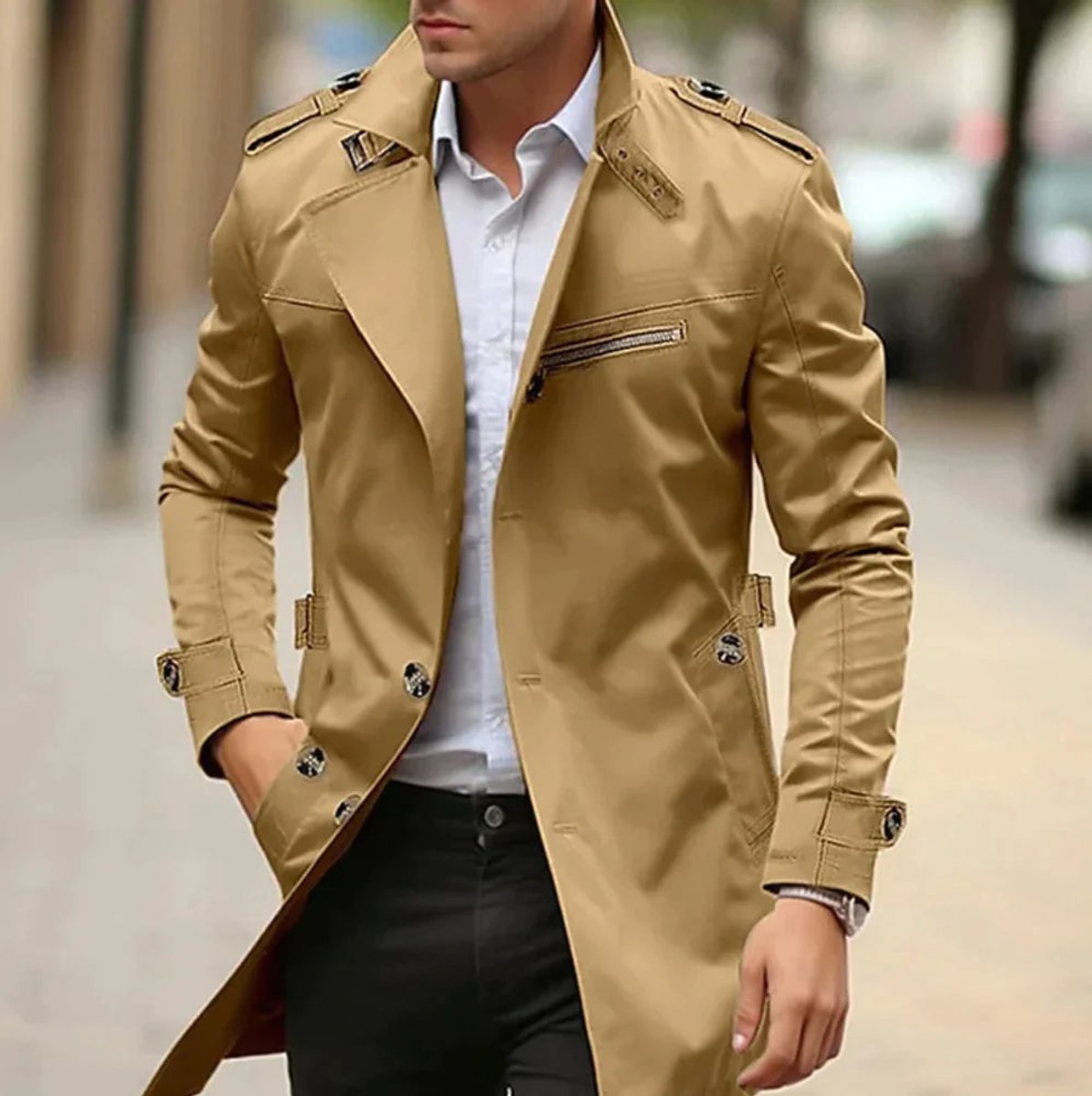 Trench ajusté double boutonnage détails militaires beige foncé pour homme
