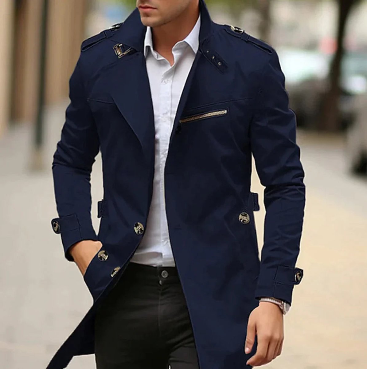 Trench ajusté double boutonnage détails militaires bleu marine foncé pour homme