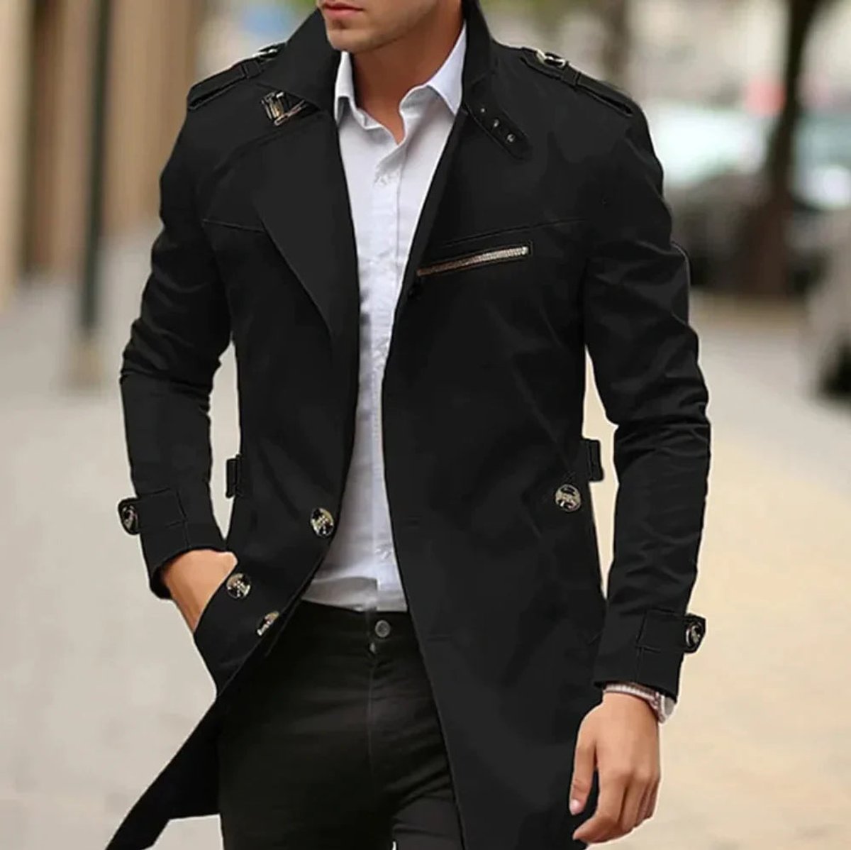 Trench ajusté double boutonnage détails militaires noir pour homme