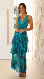 Side profile of dress highlighting cascading chiffon layers