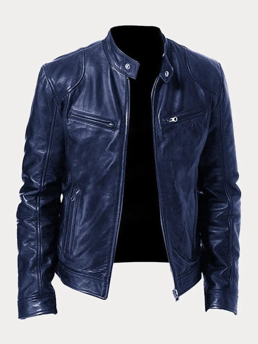 Veste biker col montant zippée bleu foncé pour homme