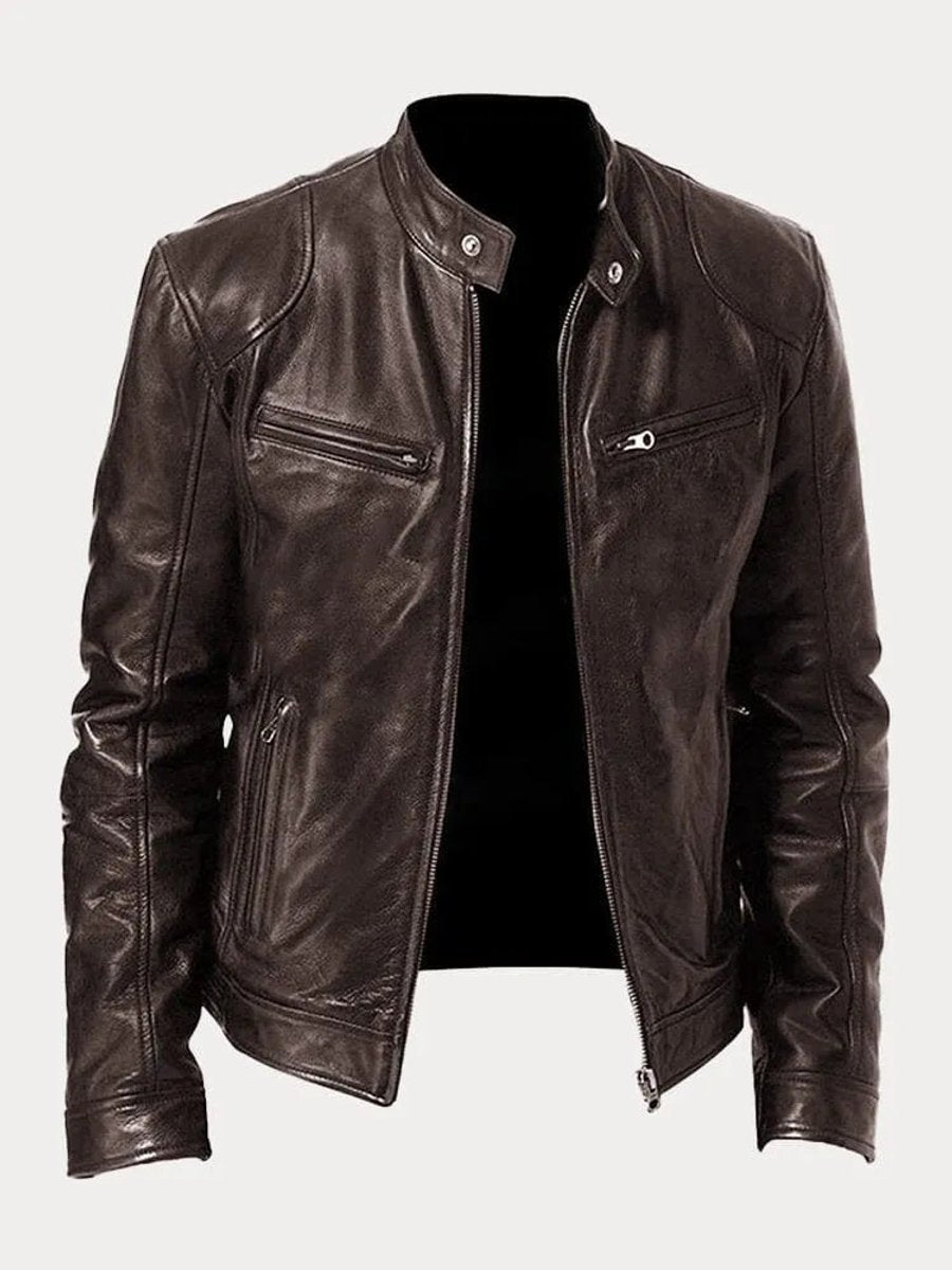 Veste biker col montant zippée marron pour homme