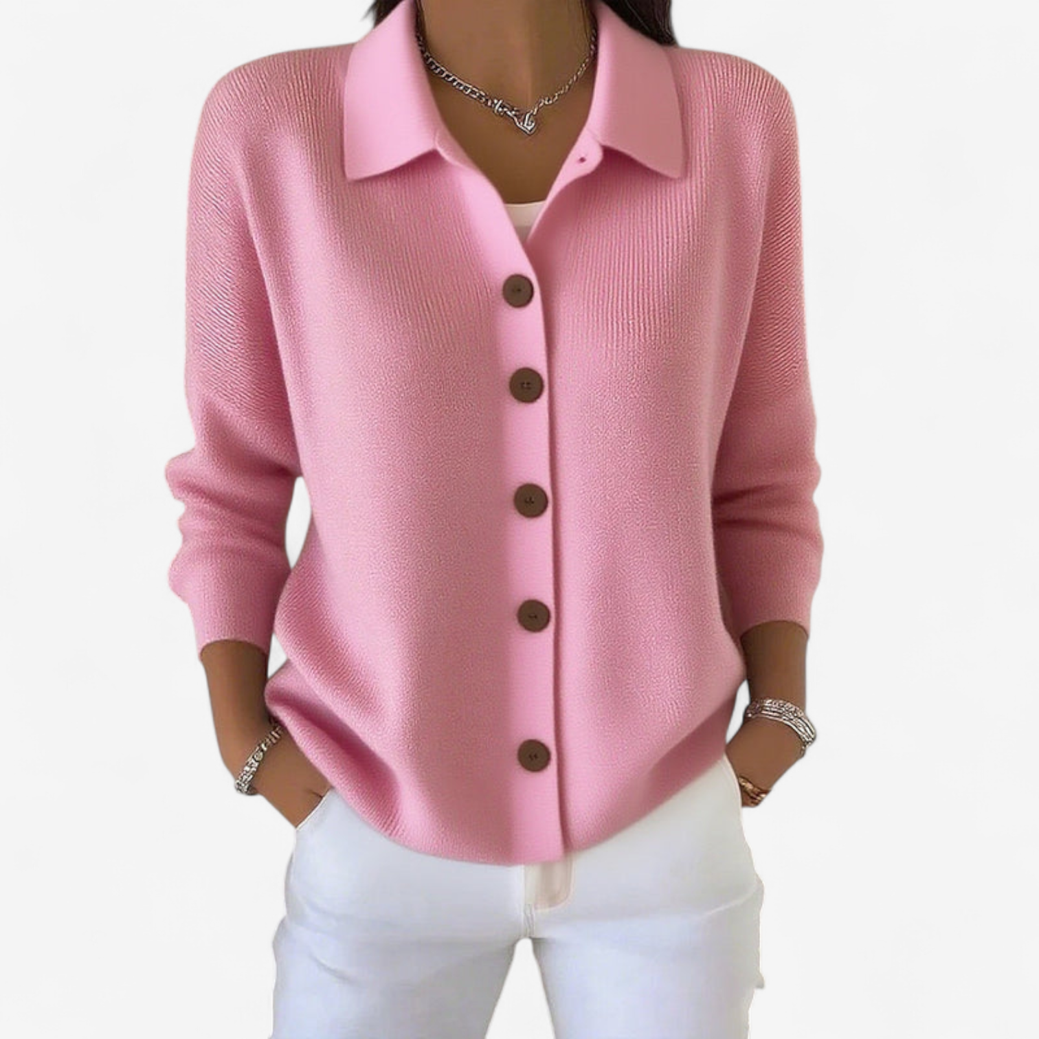 Veste boutonnée col chemise à côtes rose pour femme