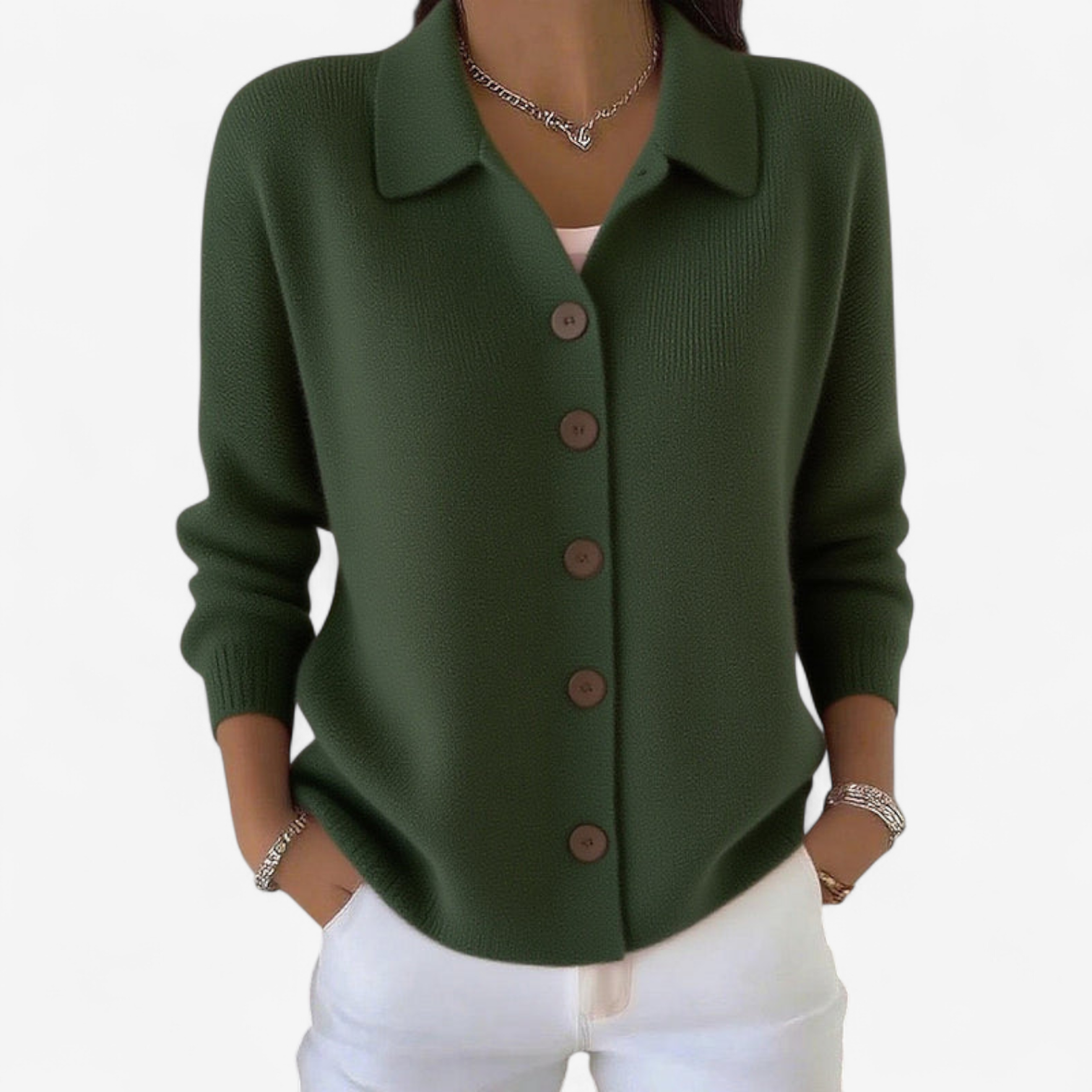 Veste boutonnée col chemise à côtes vert pour femme