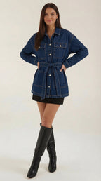 Veste en jean ceinturée avec poches bleu pour femme