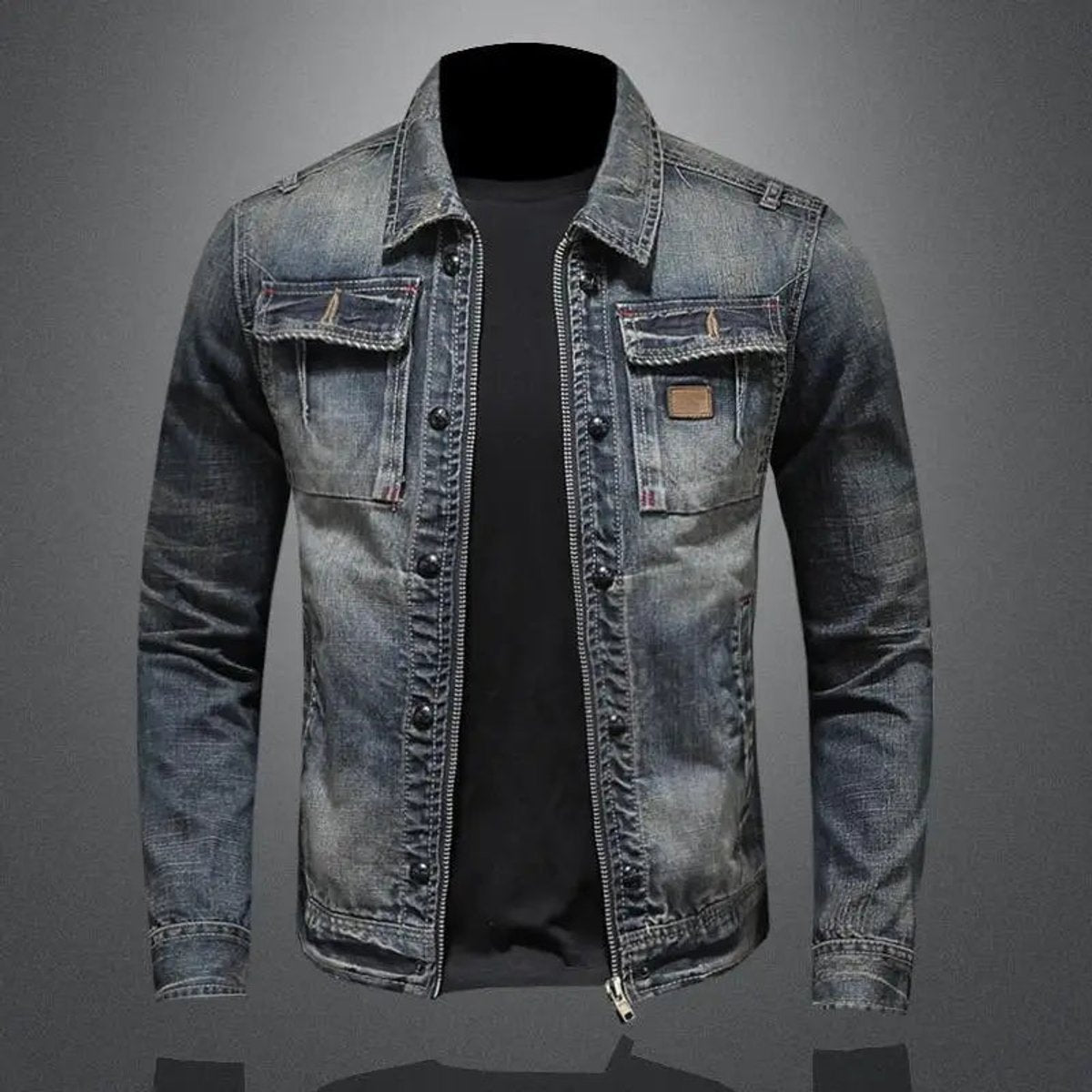 Veste jean délavé zip poches poitrine 3xl pour homme