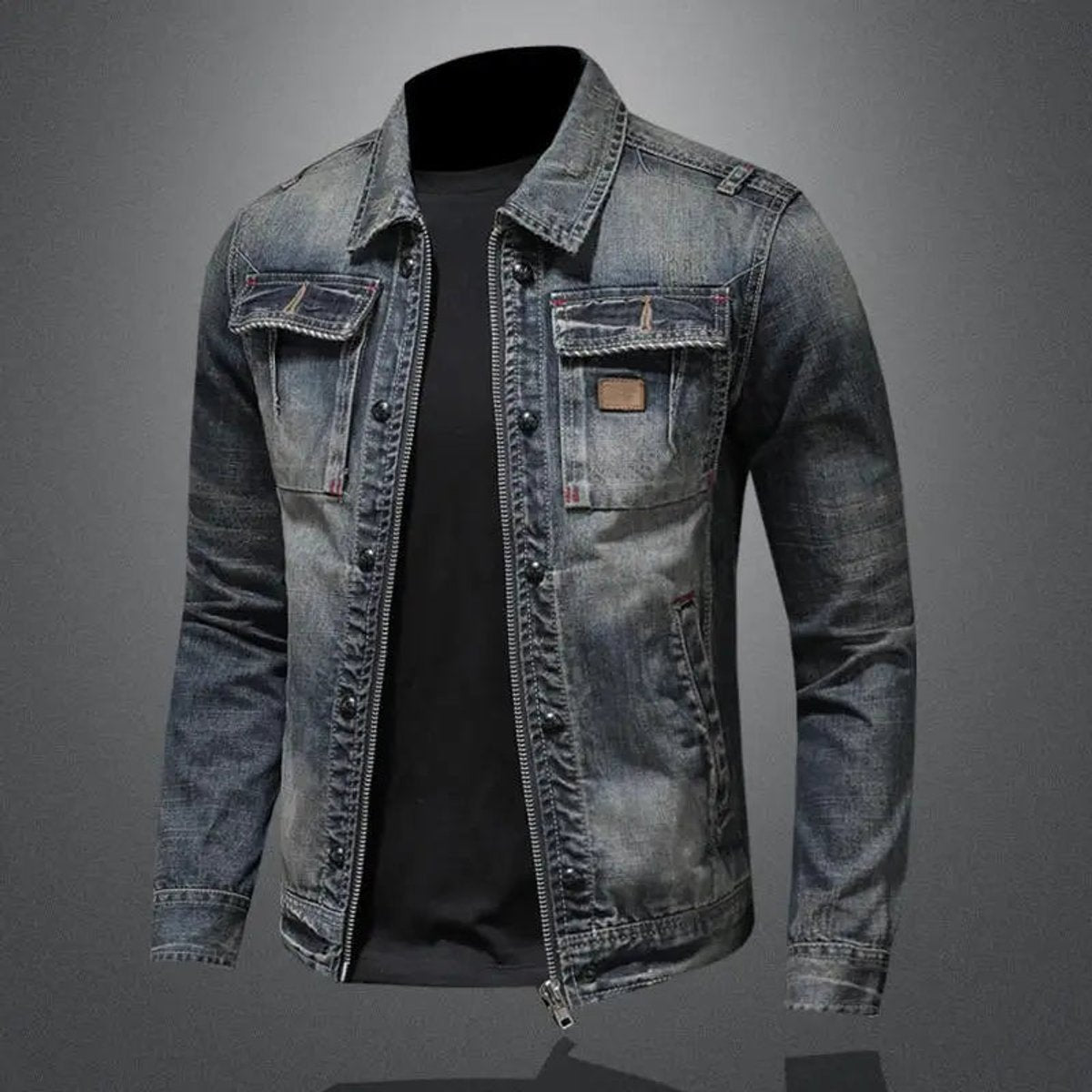 Veste jean délavé zip poches poitrine pour homme – vue 2