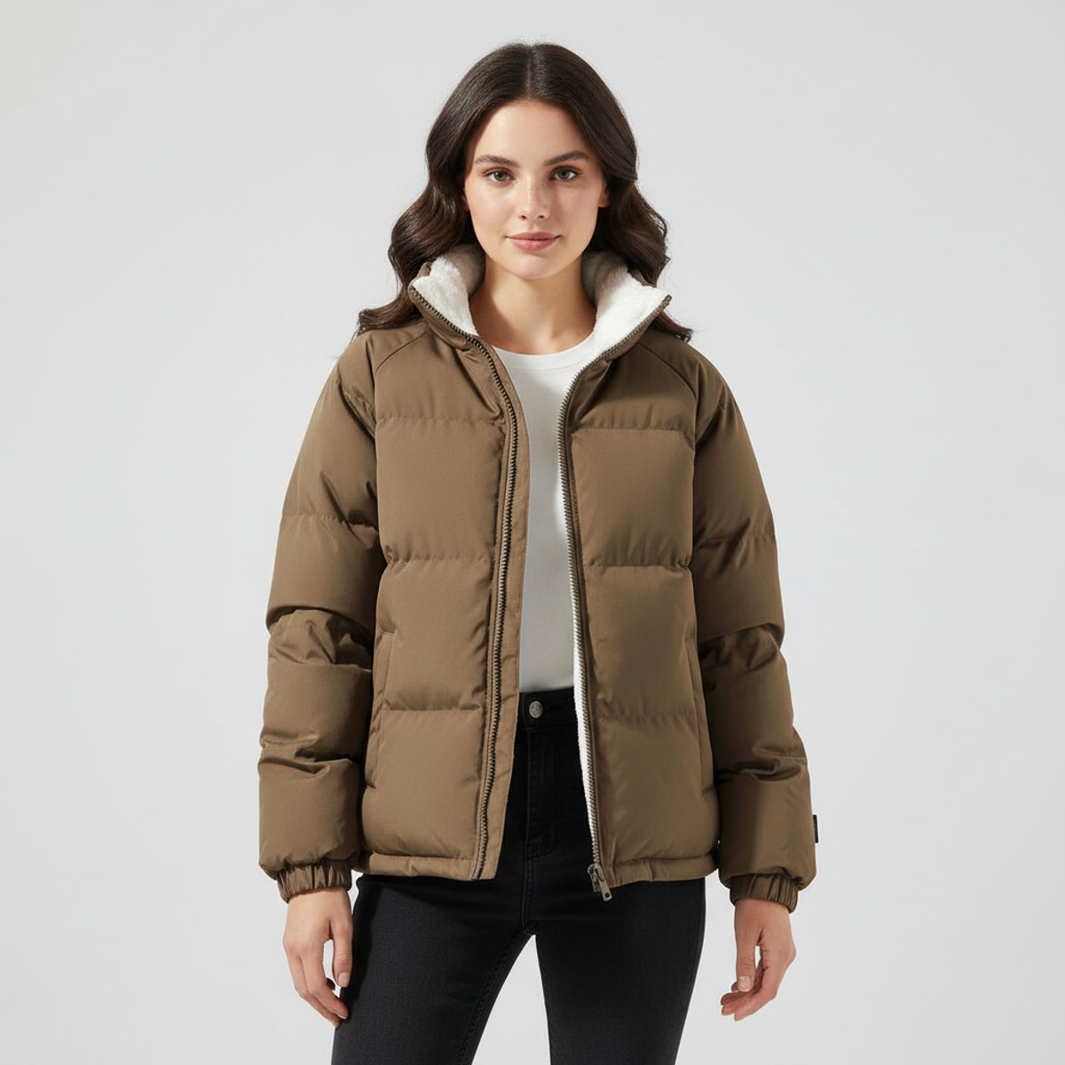 Veste matelassée capuche doublure sherpa marron pour femme