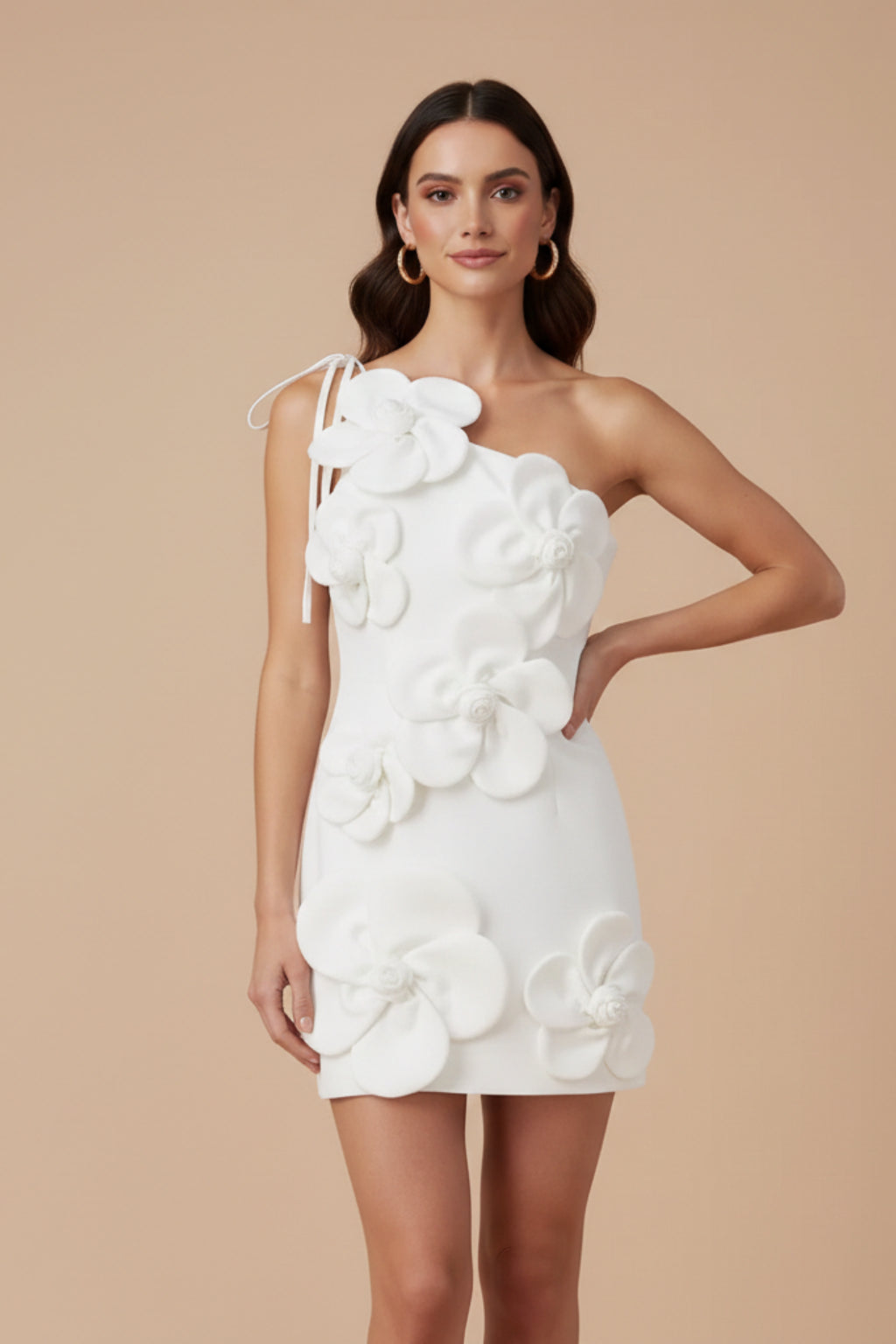 Model wearing 3D floral dress, side profile showing asymmetric neckline