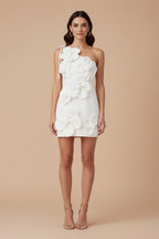 Women's one shoulder mini dress with 3D floral appliqués, front view