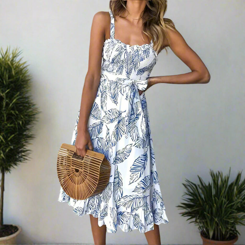 Women's Leaf Print Tie Waist Midi Dress