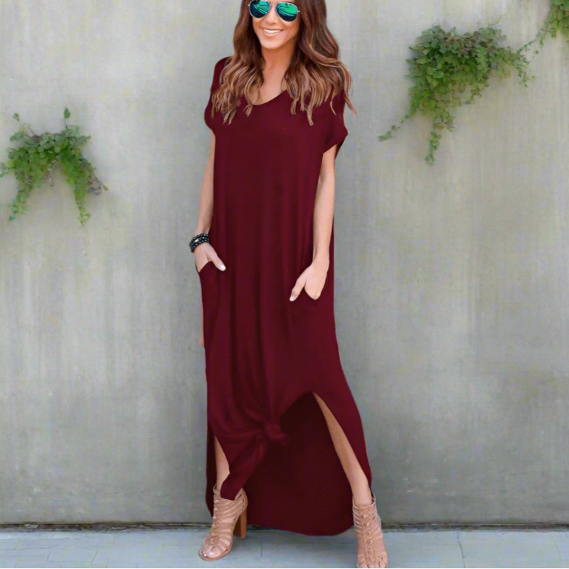 Detail shot of soft cotton blend fabric texture on maxi dress